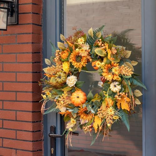 24 Inch Fall Wreath with Sunflowers Pumpkins Leaves for Front Door