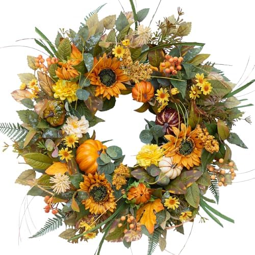 24 Inch Fall Wreath with Sunflowers Pumpkins Leaves for Front Door