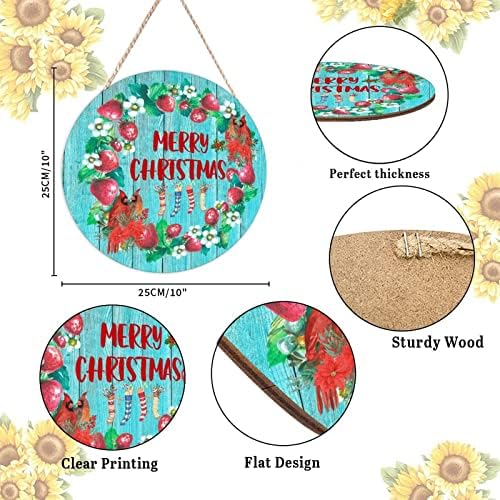 Farmhouse Front Door Hanger Red Birds Holly Wreath Christmas Wood Sign