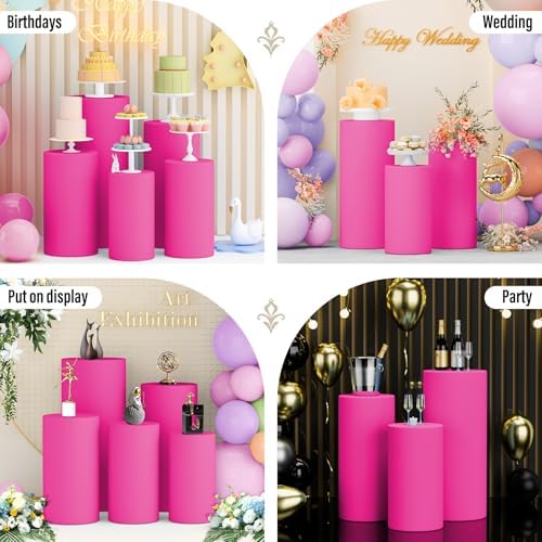 LEBENGURU 5Pcs Cylinder Pedestal Stand Covers Fushia Round Spandex