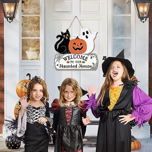 Halloween Door Hanging Sign with Ghost and Pumpkin Design