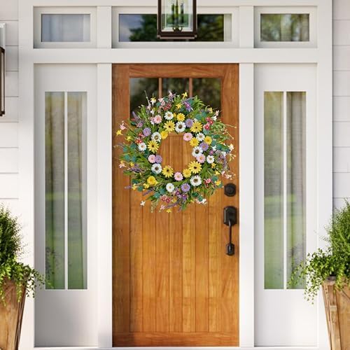 22 Inch Artificial Spring Wreath with Yellow Daisies and Green Eucalyptus Leaves
