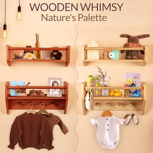 BINGY Wall Bookshelves with Hooks - 2 Tier Solid Wood
