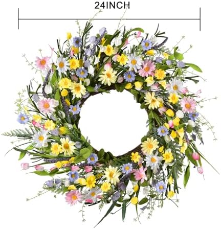 LSKYTOP Artificial Daisy Wreath 24 Inch Front Door Decor