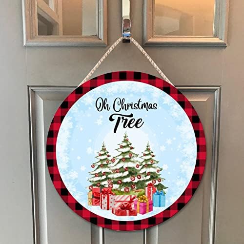 Farmhouse Front Door Hanger with Red Buffalo Plaid Wood Sign 10x10in