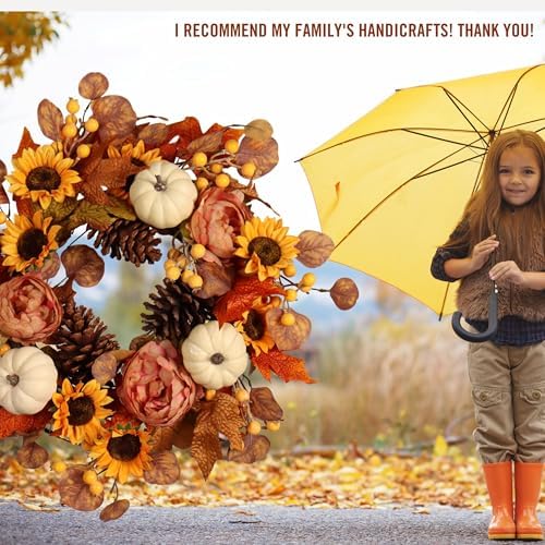 Pudate Artificial Fall Autumn Wreath 22 Inches