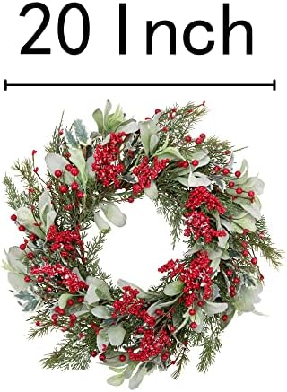 20 Inch Artificial Christmas Wreath with Lambs Ear Leaves Snow and Red Berries