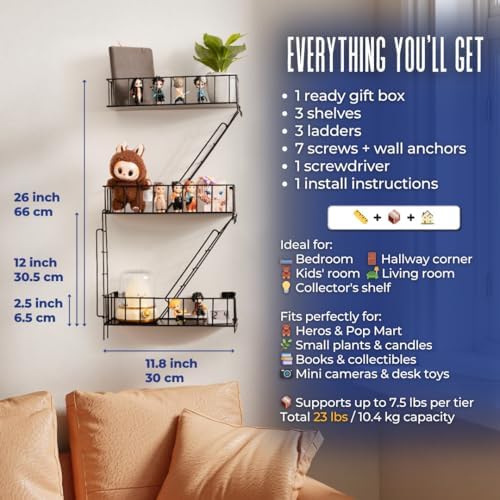 Fire Escape Wall Shelf with 3 Tiers - Black Metal Decor