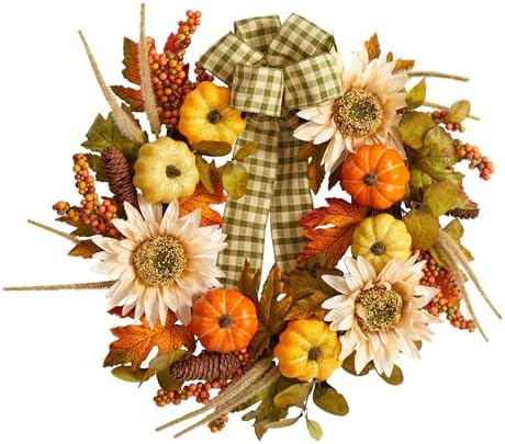 Nearly Natural 24in Fall Pumpkin Sunflower Wreath with Ribbon