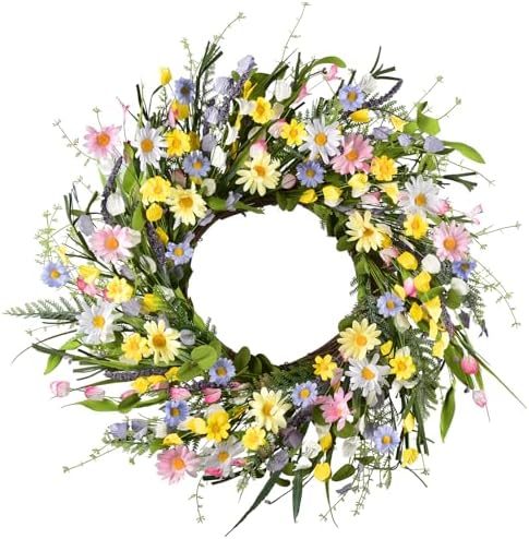 LSKYTOP Artificial Daisy Wreath 24 Inch Front Door Decor
