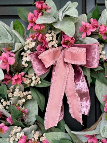 Romantic Lambs Ear Wreath for Front Door with Hot Pink Ribbon