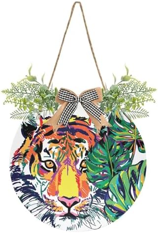Exnundod Welcome Door Sign Tiger Jungle Wreath