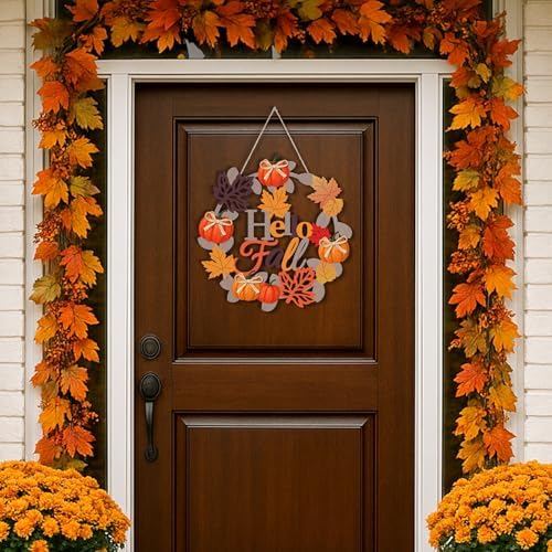 Aymolas Hello Fall Wreath Wooden Welcome Sign for Front Door