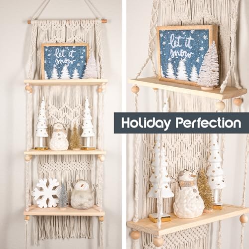 SnugLife 3 Tier Macrame Wall Shelf - Floating Plant Hanger with Pine Wood
