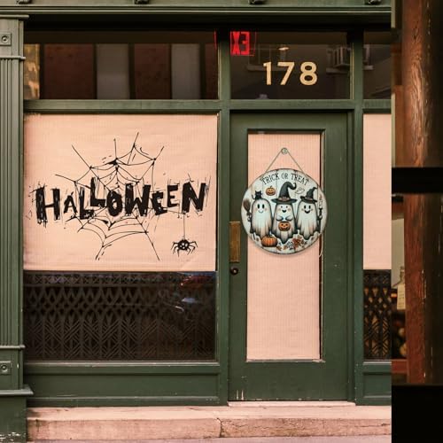 Spooky Halloween Door Sign with Ghost and Pumpkin Design