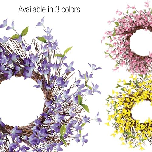 Collections Etc Spring Forsythia Floral Door Wreath in Pink
