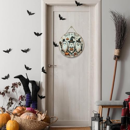 Spooky Halloween Door Sign with Ghost and Pumpkin Design