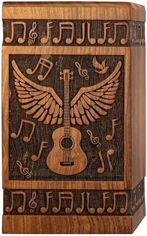 Handcrafted Wooden Cremation Urn with Angel Wings and Musical Notes
