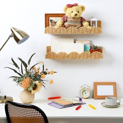 Pinkunn 4 Pcs Floating Rattan Bookshelves for Wall Mounting