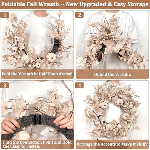 26 Inch Foldable Fall Wreath with Lights Timer