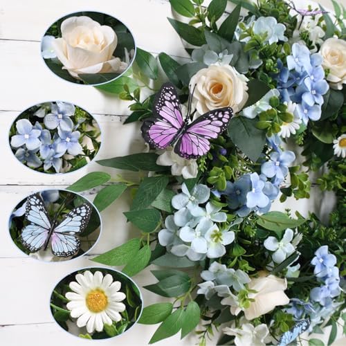 24 Inch Blue Hydrangea Wreath with Butterfly Lights Timer
