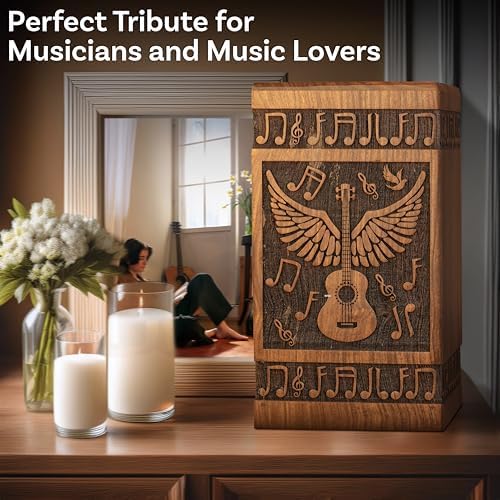 Handcrafted Wooden Cremation Urn with Angel Wings and Musical Notes