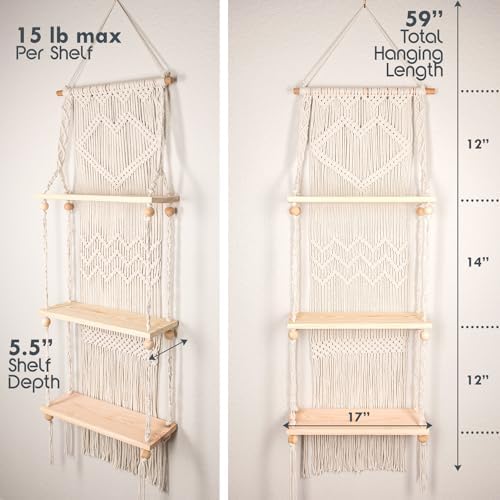 SnugLife 3 Tier Macrame Wall Shelf - Floating Plant Hanger with Pine Wood