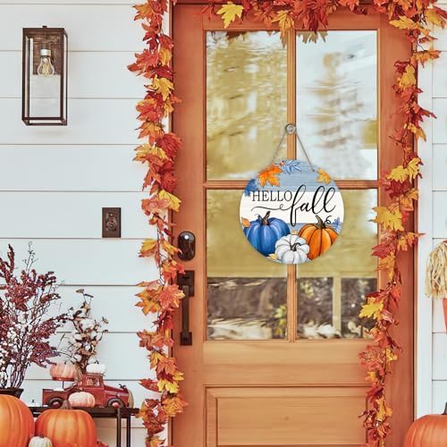 Deroro Fall Pumpkin Door Sign with Maple Leaves Stripes Wood Hanger