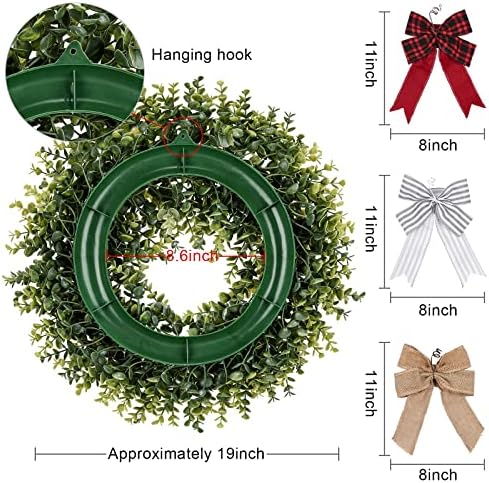 KuiMen 19 Inch Boxwood Wreath with 3 Bows