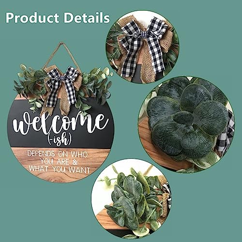 Welcome Sign for Front Door - Round Wood Wreath with Farmhouse Design