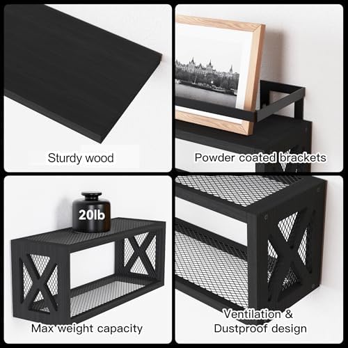 RICHER HOUSE Floating Shelves with Guardrail Black
