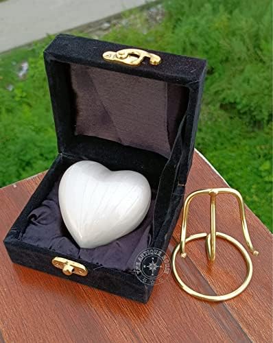 White Cremation Urn Heart with Brass Stand and Black Box