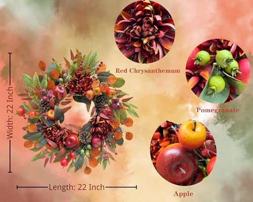 22 Inch Fall Chrysanthemum Wreath with Apples and Berries