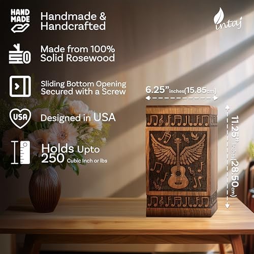 Handcrafted Wooden Cremation Urn with Angel Wings and Musical Notes