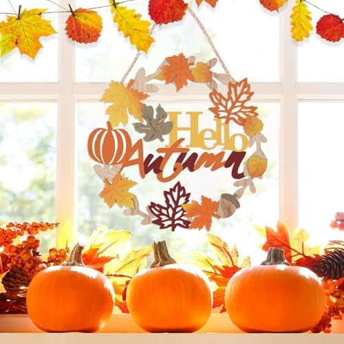 Hello Fall Sign Wooden Welcome Wreath for Front Door