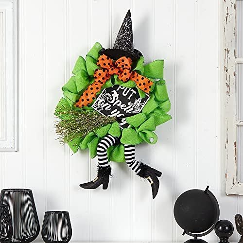 Nearly Natural 26in Halloween Witch Broom and Hat Wreath