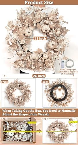 26 Inch Foldable Fall Wreath with Lights Timer