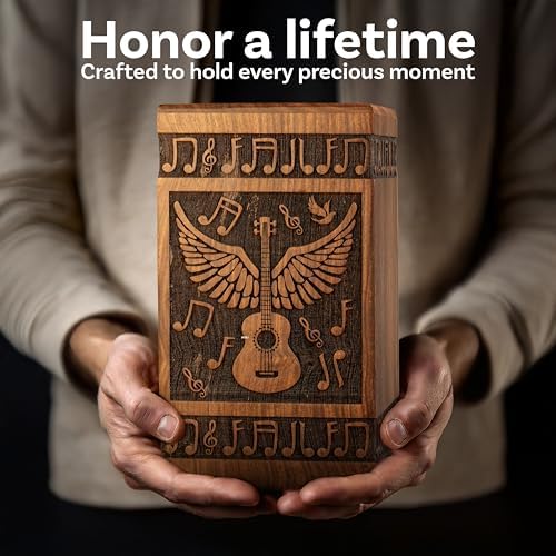 Handcrafted Wooden Cremation Urn with Angel Wings and Musical Notes