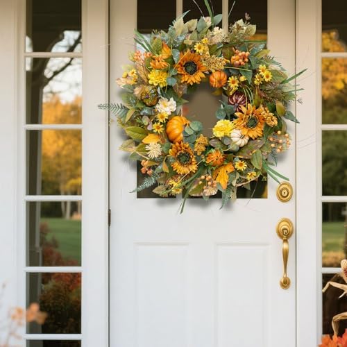 24 Inch Fall Wreath with Sunflowers Pumpkins Leaves for Front Door