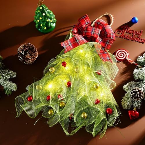 Handmade Christmas Wreath with Red Bow and Lights for Front Door
