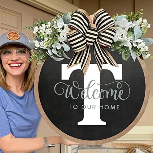 Unique Initial Last Name Round Front Door Wreath with Bow