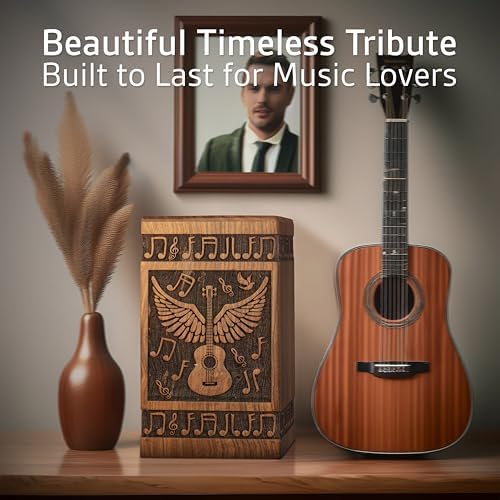 Handcrafted Wooden Cremation Urn with Angel Wings and Musical Notes