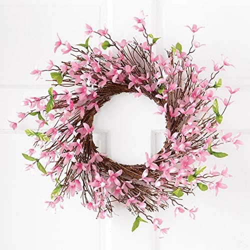 Collections Etc Spring Forsythia Floral Door Wreath in Pink