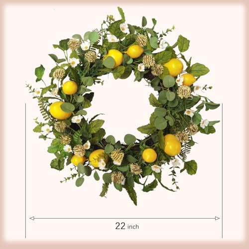 Idyllic 22 Inch Summer Lemon Wreath with Green Leaves