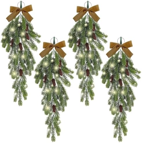 4Pack 276 Inch Pre-Lit Teardrop Wreath with Pine Cones and Fairy Lights