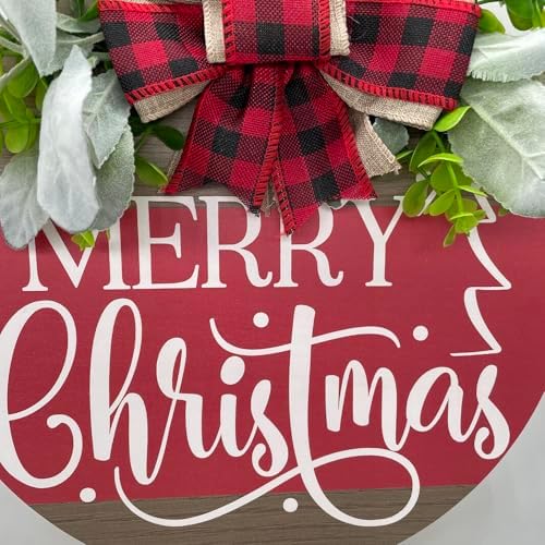 Red Plaid Christmas Welcome Door Sign with Deer and Snowflakes