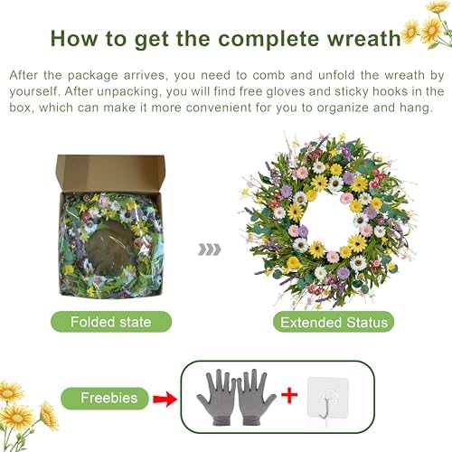 22 Inch Artificial Spring Wreath with Yellow Daisies and Green Eucalyptus Leaves