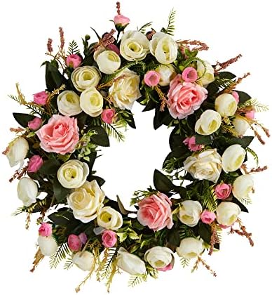 Nearly Natural 20in White and Pink Rose Artificial Wreath