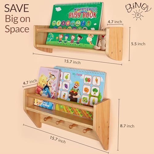 BINGY Wall Bookshelves with Hooks - 2 Tier Solid Wood