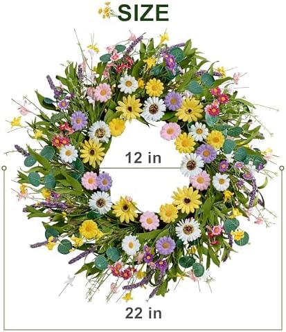 22 Inch Artificial Spring Wreath with Yellow Daisies and Green Eucalyptus Leaves